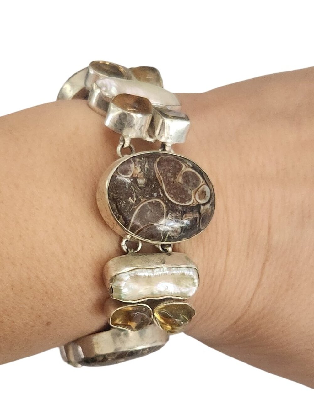 Fossil Agate & Pearl Style Statement Bracelet 8" | Boho Artisan Jewelry